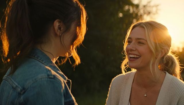 Warm backlit friends laughing at sunset, blonde woman smiling during outdoor conversation