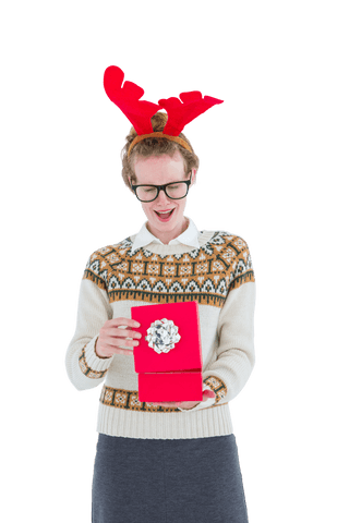 Surprised individual in festive antlers transparent background