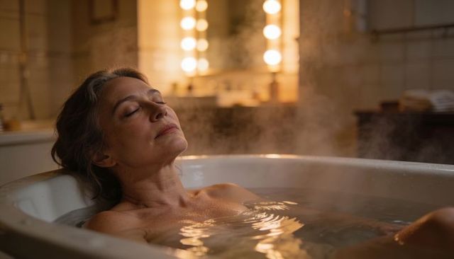Mature woman relaxing in steaming freestanding bathtub at home bathroom for self care