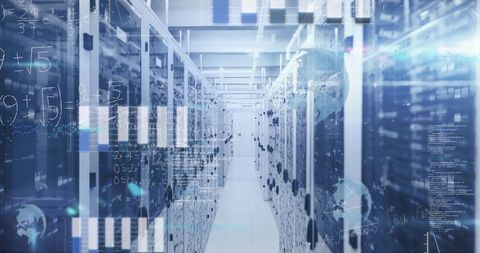 Futuristic data center corridor with digital visualization