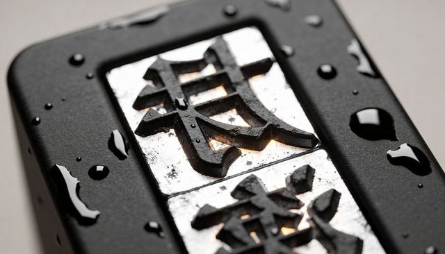 Wet metal kanji closeup on black housing with raised characters and water droplets, macro