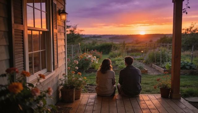 Couple sitting on porch watching sunset over garden and field at dusk