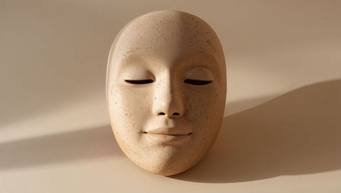 Serene speckled beige ceramic mask casting long shadow on minimalist studio surface