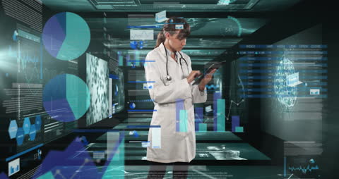 Female Doctor Analyzing Digital Data in High-Tech Environment