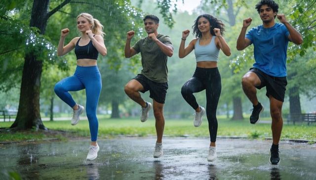 Group jumping in rain during outdoor workout, splashing puddles, energetic fitness session