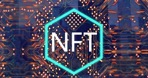 NFT Concept Over Circuit Board and Cityscape Background