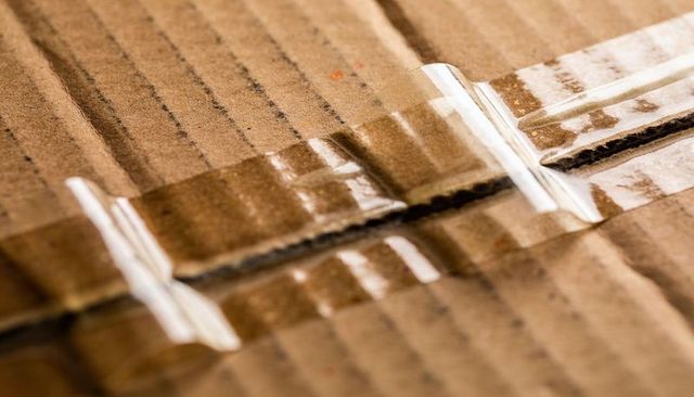 Sealing cardboard box with clear tape showing corrugated seam and textured ridges