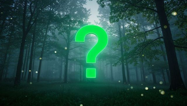 Mysterious neon green question mark in enchanted forest