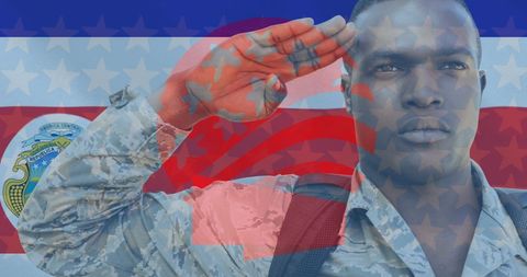 Proud african american soldier saluting against patriotic flag background