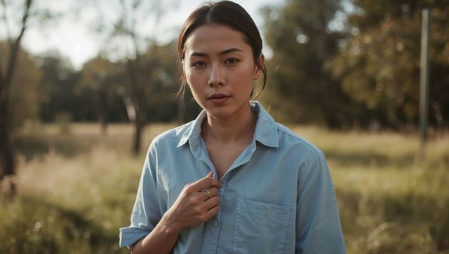Serene asian woman touching chest wearing light blue shirt and ring in sunlit meadow