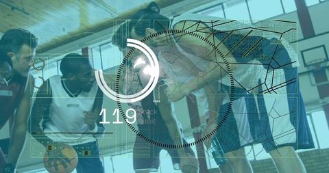 Basketball Team Huddling with Futuristic HUD Analytics Overlay for Performance Data