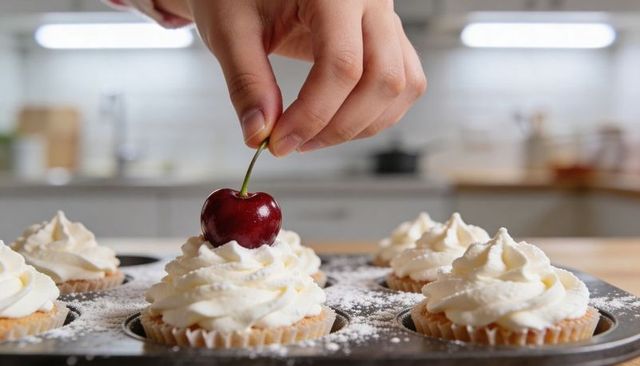 Hand Placing Cherry on Frosted Cupcake in Muffin Tin on Kitchen Countertop, Baking Closeup