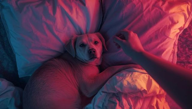 Golden dog comfortably resting, engages with owner’s reaching hand