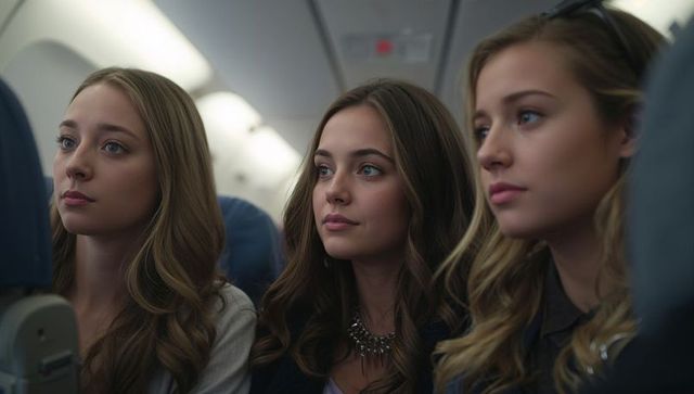 Three young women leaning forward and gazing in airplane cabin, thoughtful travel moment