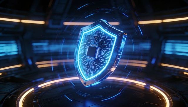 Neon blue cyber shield with microchip circuitry rotating above futuristic security platform