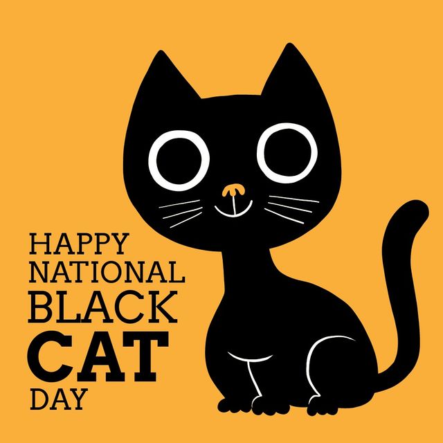 Colorful and eye-catching graphic featuring a cartoon black cat with wide eyes, set against a vibrant yellow background. Entirely suitable for campaigns, social media posts, and promotional materials related to National Black Cat Day or feline awareness events. Perfect for engaging pet lovers and those promoting animal adoption awareness.