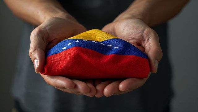 Cupped hands holding folded venezuelan flag conveying hope, solidarity and respect