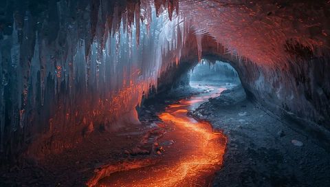 Surreal lava river flowing through frozen ice tunnel
