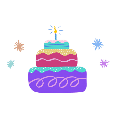 Whimsical tiered cake with candle on transparent background