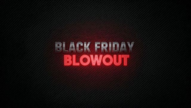 Black friday blowout featuring red neon and metallic text on carbon backdrop for sale