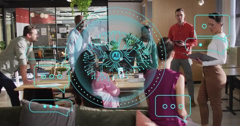 Diverse Team Discussing AI in Modern Office Environment