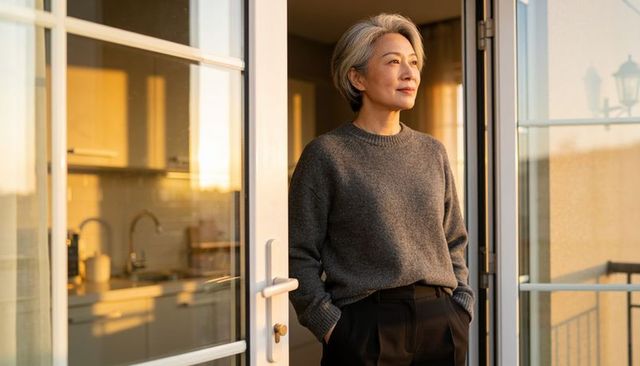 Serene asian senior woman standing at balcony doorway gazing during golden hour reflecting