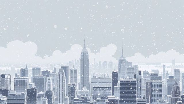 Falling snow over spire-topped skyscraper skyline, winter city panorama