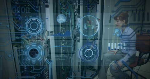 Caucasian Female Technician in Server Room with Digital Interface Overlay - Download Free Stock Images Pikwizard.com