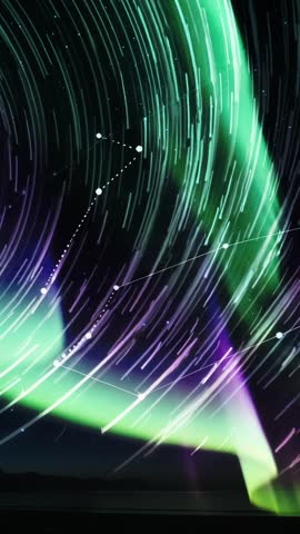 Vertical time-lapsing aurora twisting with star trails and constellation overlay over lake