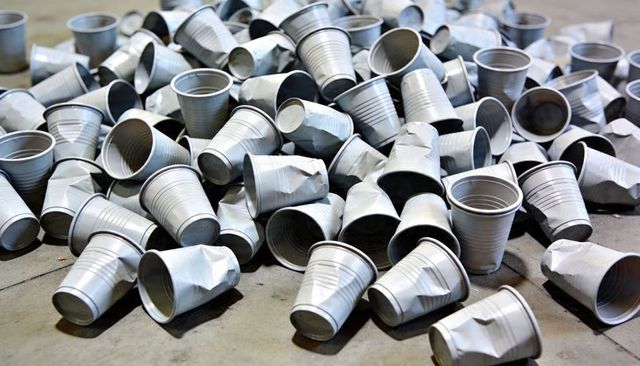 Crumpled aluminum cups pile on warehouse floor for recycling, scrap metal and cleanup