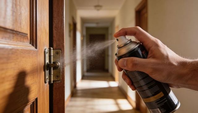 Hand spraying lubricant on door hinge in sunlit hallway, maintenance closeup