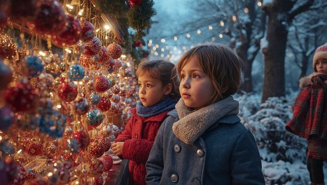 Children Enthralled by Christmas Market Baubles and Lights
