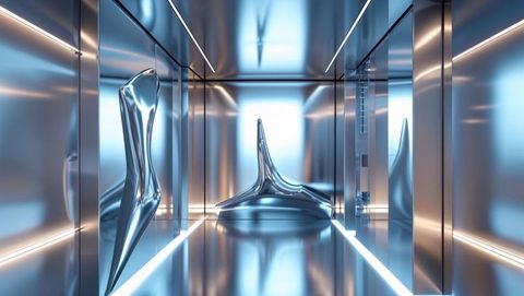 Futuristic metallic chamber housing liquid metal sculpture