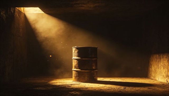 Rusty Oil Drum Under Dramatic Skylight Beam in Abandoned Industrial Moody Concrete Room