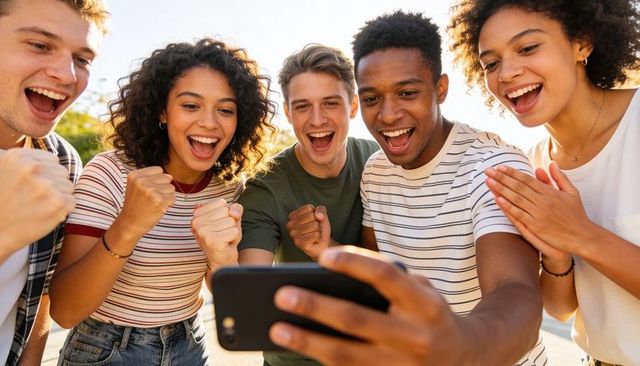 Friends celebrating selfie outdoors smiling and cheering around smartphone