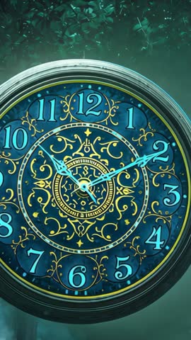 Ornate clock face moving minute hand from ten to two in misty glade with swirling leaves
