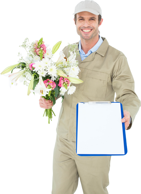 Transparent Happy Delivery Man Holding Bouquet and Clipboard - Download Free Stock Videos Pikwizard.com