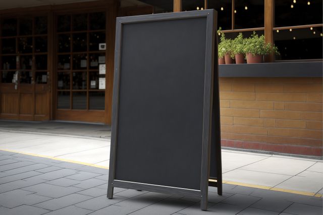 Empty black chalkboard sign standing on a city street near a storefront. Versatile for adding text or designs. Ideal for businesses, restaurants, cafes, and shops to announce promotions, menu specials, or events. Used for creating custom advertisements, attracting pedestrian traffic and making any announcement stand out in an urban environment.