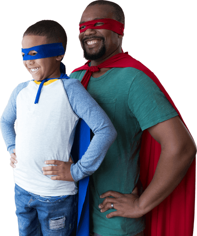 Transparent Playful Father and Son Dressed as Superheroes
