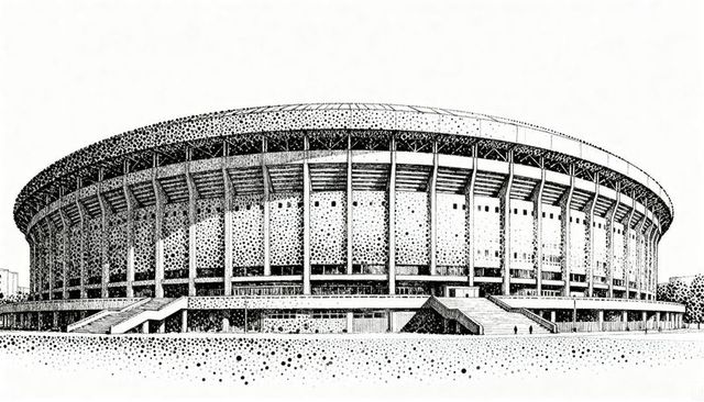 Monumental circular stadium sketch in stippling ink, domed coliseum architectural facade