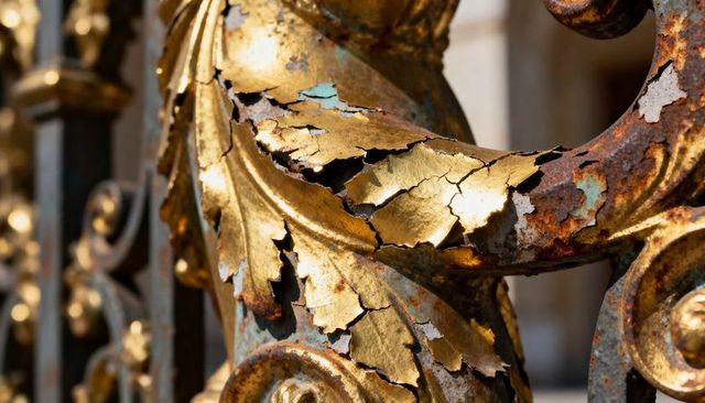 Peeling gold leaf on ornate iron gate close-up revealing rust, turquoise undercoat
