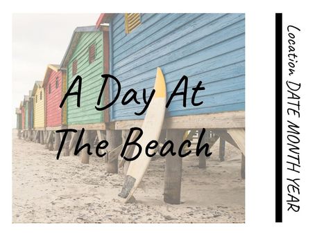 Colorful beach huts and surfboard offering summer fun