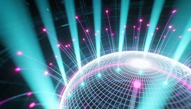 Holographic wireframe hemisphere emitting neon beams, data nodes for cyber visualization