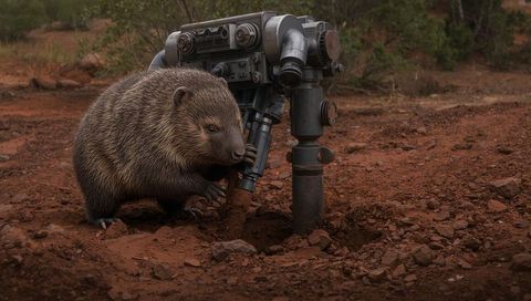 Wombat inspecting robotic drilling probe in red outback soil blending wildlife and tech