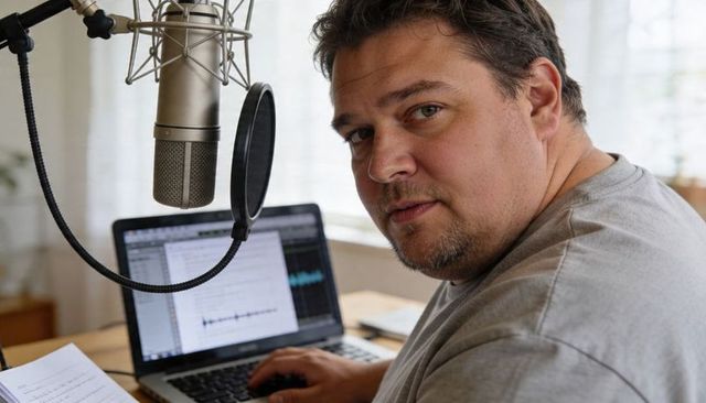 Man recording podcast and voiceover at home studio with condenser microphone and laptop