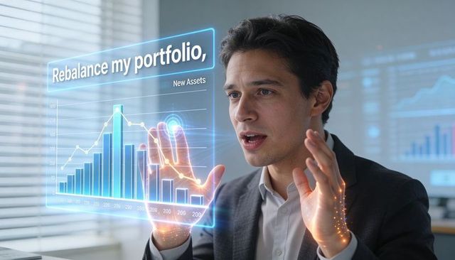 Executive interacting with holographic finance dashboard rebalancing portfolio and assets