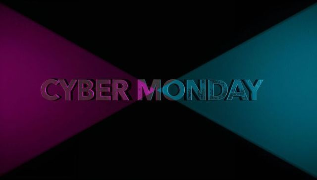 3D Cyber Monday Metallic Typography Glossy Chrome with Magenta Cyan Spotlights