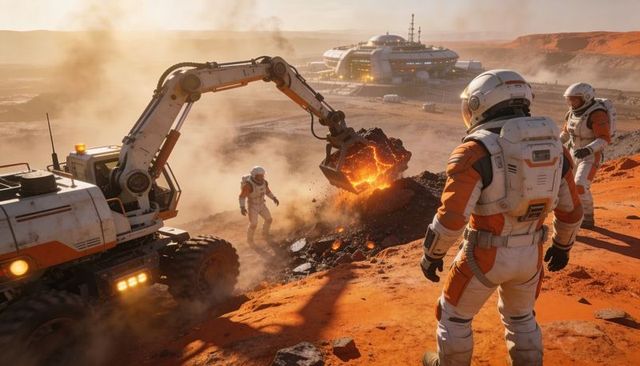 Martian Outpost Mining Operation: Astronauts Overseeing Excavator Lifting Molten Ore