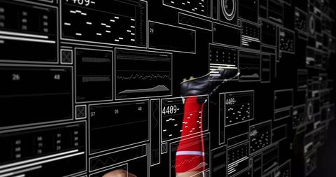 Athlete leg extending with floating data panels showing biomechanics performance analytics