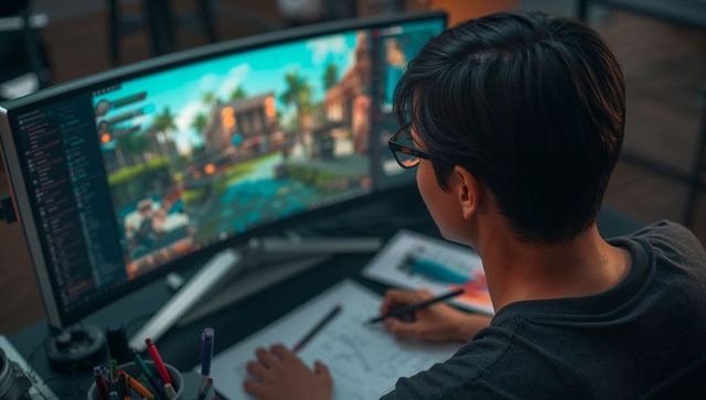 Programmer coding game prototype on ultrawide monitor while sketching level design